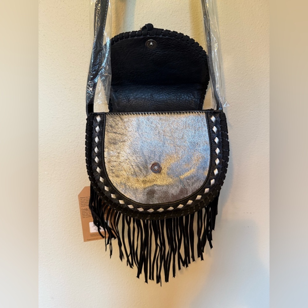 Western Black Fringe Crossbody Bag Turquoise Boho Shoulder Purse NWT - Picture 6 of 12